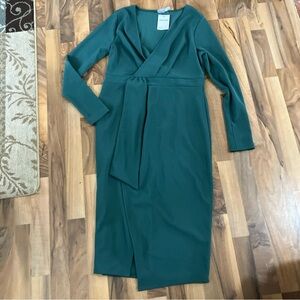 ASOS Faux Wrap Green‎ Ponte Knit Dress 14 Tall Full Slit Skirt